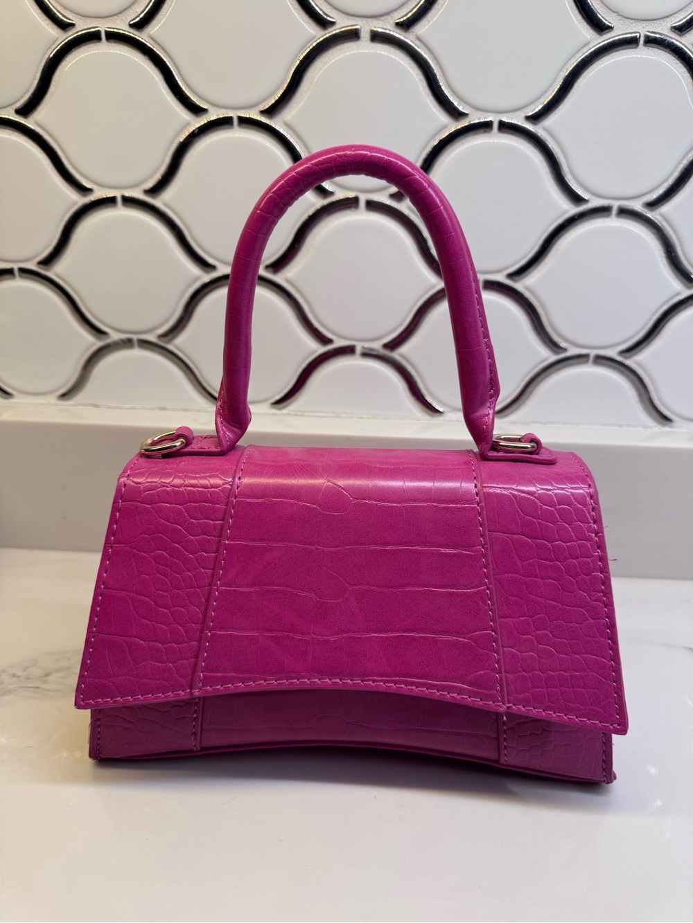 Pink Croc-Embossed Top Handle Bag W/Detachable strap